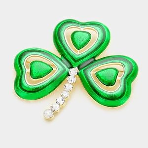 Green Gold Rhinestone Crystal Three Leaf Clover Brooch Pin Shamrock St Patricks